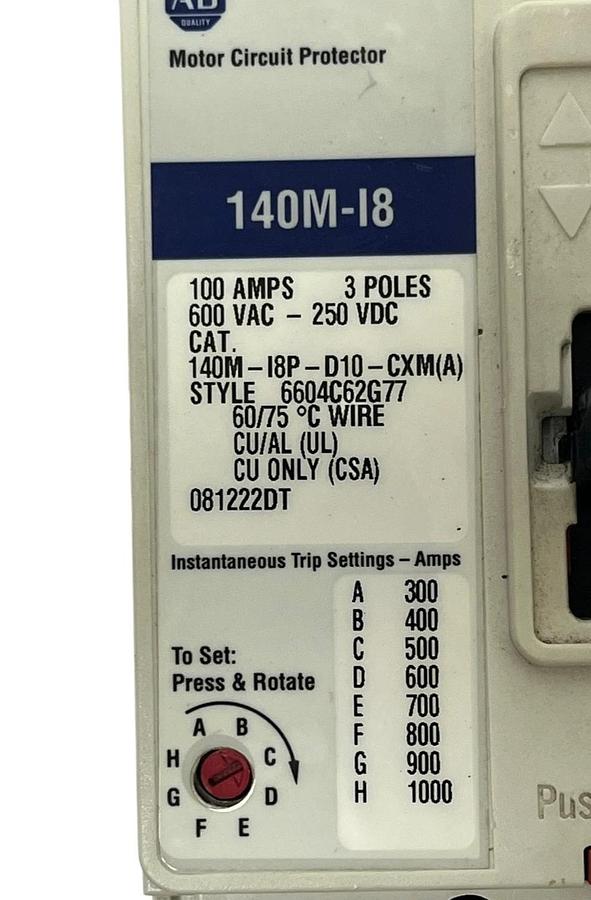 Used Allen-Bradley 140M-I8P-D10-CXM (A) 100A 3 Pole Motor Circuit Protector Breaker