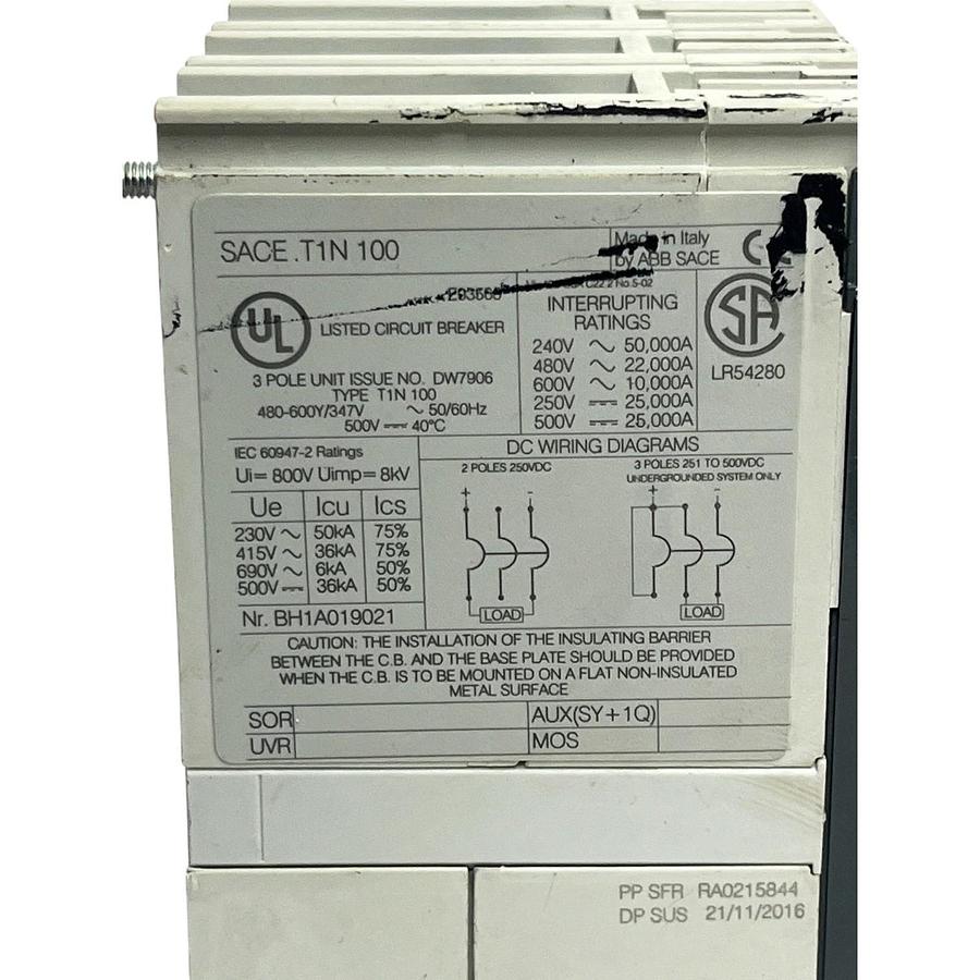 Used ABB SACE Tmax T1N100 100A 3P 480V/600V Circuit Breaker w/ Adjustable Dial