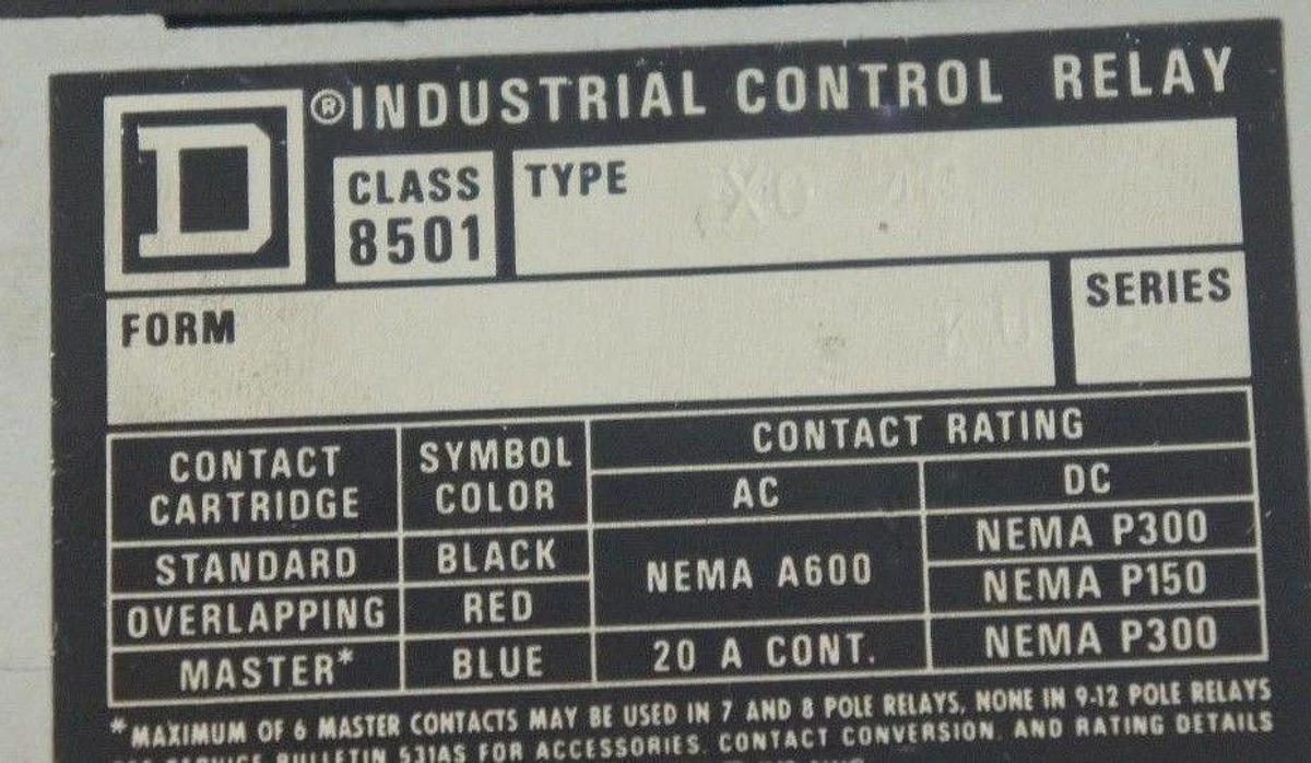 Used SQUARE D 8501-X0-40 TYPE X CONTROL RELAY SER A FORM KU 8501XO40 8501X040