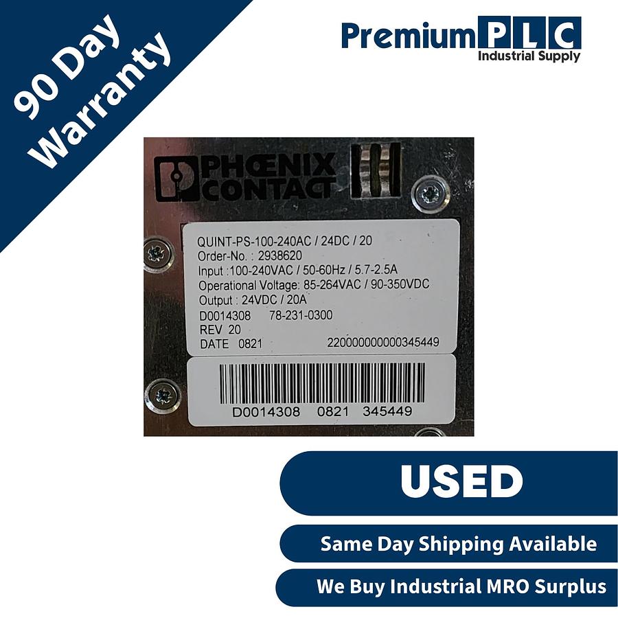 Used PHOENIX CONTACT QUINT-PS-100-240AC/24DC/20 POWER SUPPLY UNIT 24VDC/20A 2938620