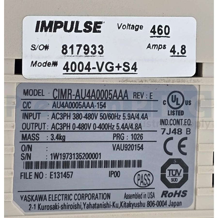 Used MAGNETEK YASKAWA 4004-VG+S4 IMPULSE VG+ SERIES 4 VFD 460V 3HP CIMR-AU4A0005AAA