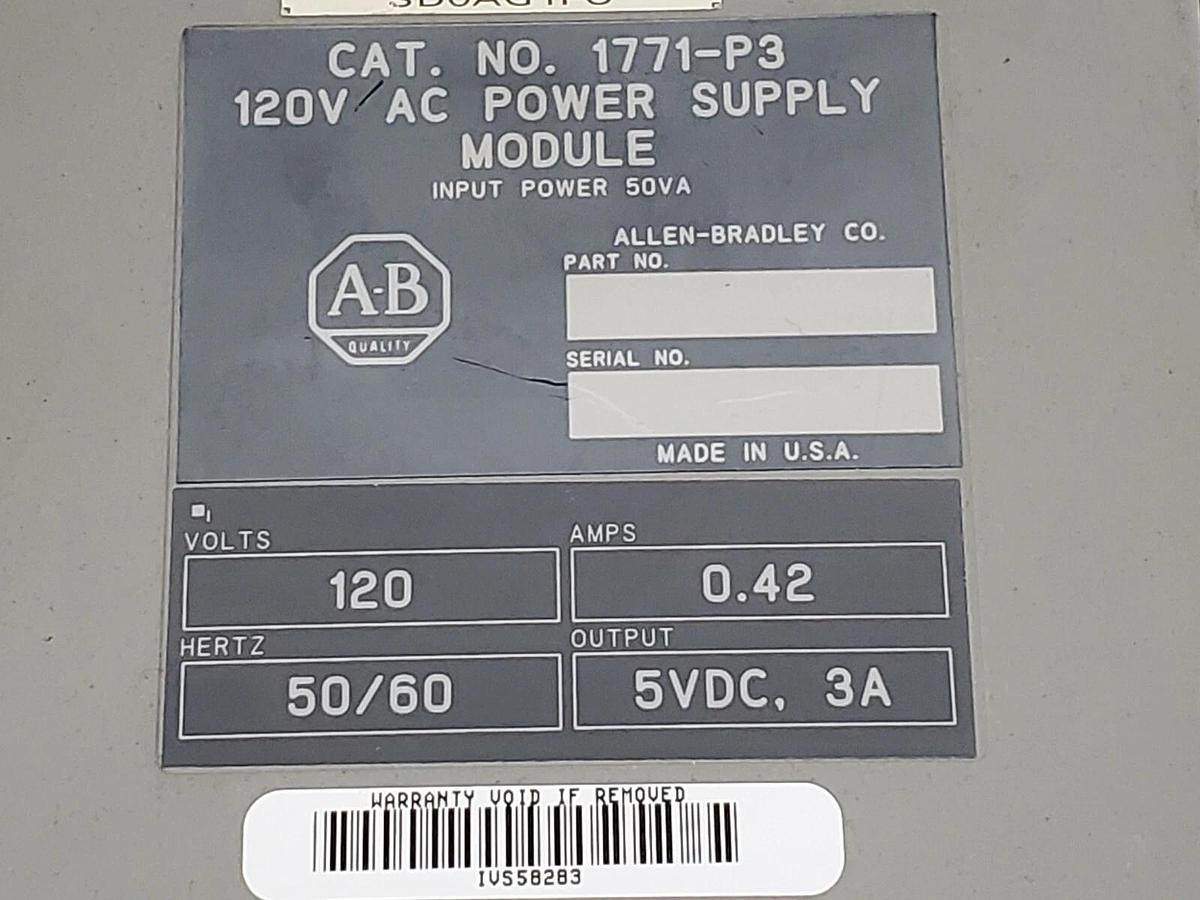 Used ALLEN-BRADLEY 1771-P3 120VAC POWER SUPPLY MODULE 0.42A, 50/60HZ, 5VDC/3A OUT