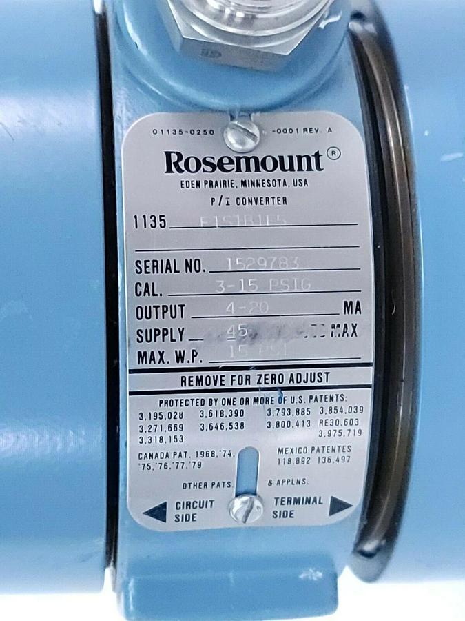 Used ROSEMOUNT 1135-F1S1B1E5 PRESSURE TRANSMITTER 45VDC 3-15PSI
