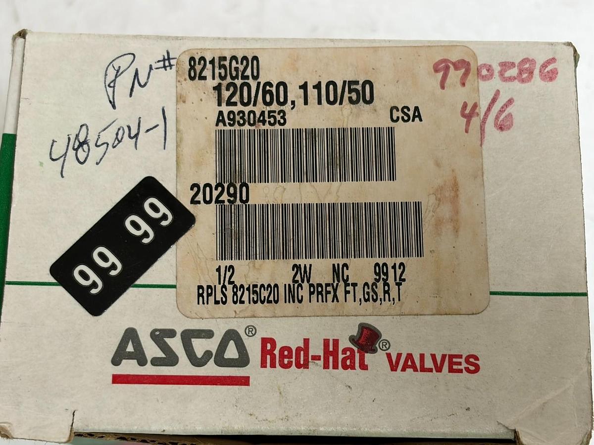 Used ASCO RedHat 8215G20 2-Way Normally Closed 1/2" NPT Gas Solenoid Valve 120VAC