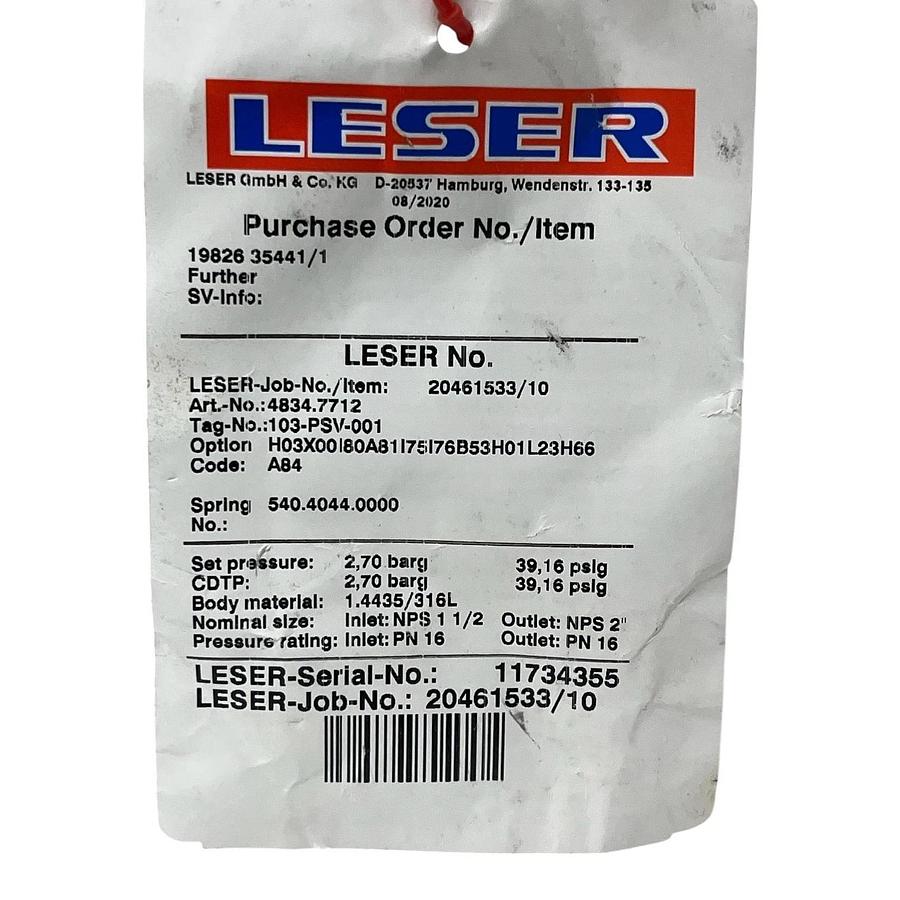 Leser Type 483 Clean Service Safety Relief Valve Art-No 4834.7712 2.70 bar