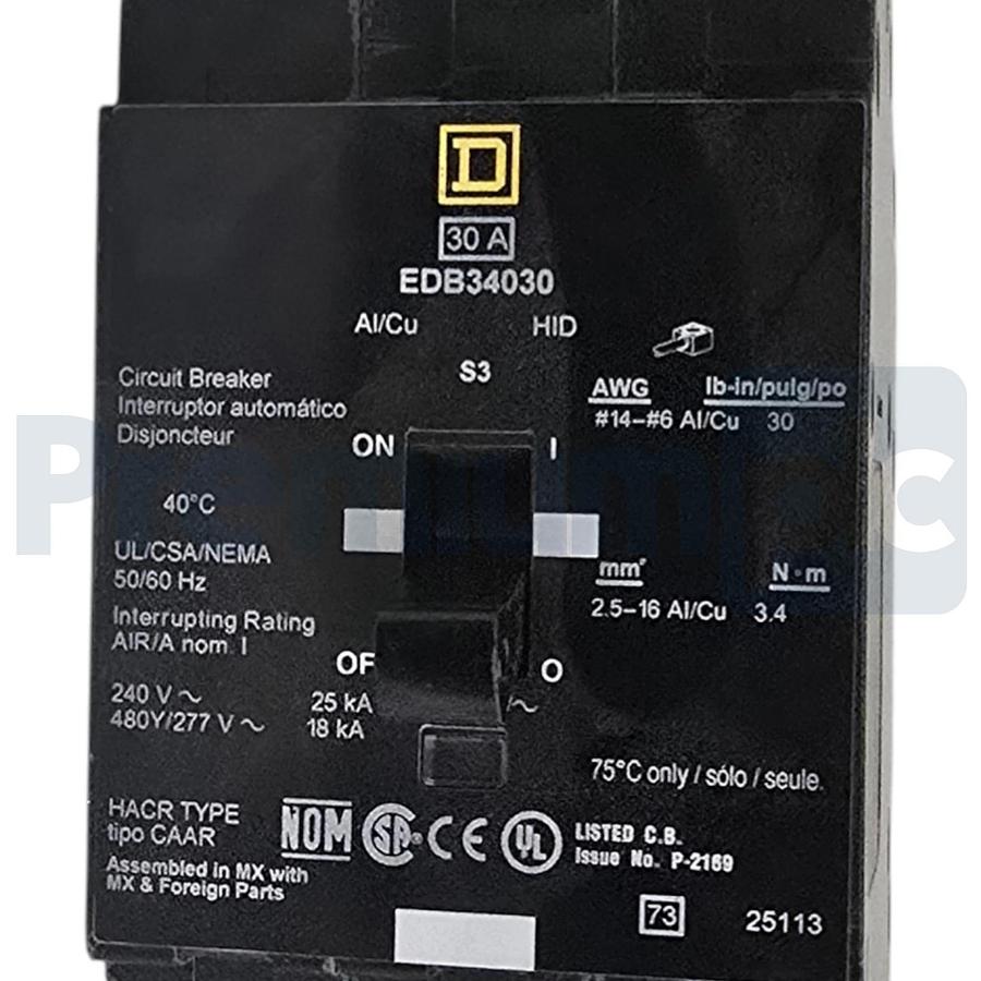 Square D EDB34030 30A 3P 480Y/277V E-Frame Mini Circuit Breaker Bolt-On NSNP 785901875260