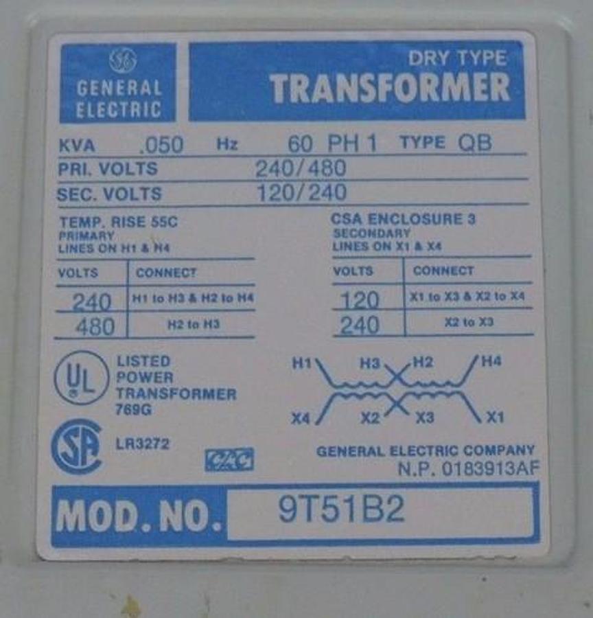 Used NIB GENERAL ELECTRICS 9T 51B 0002 TRANSFORMER .050KVA 60HZ PH 1 TYPE QB 9T51B2
