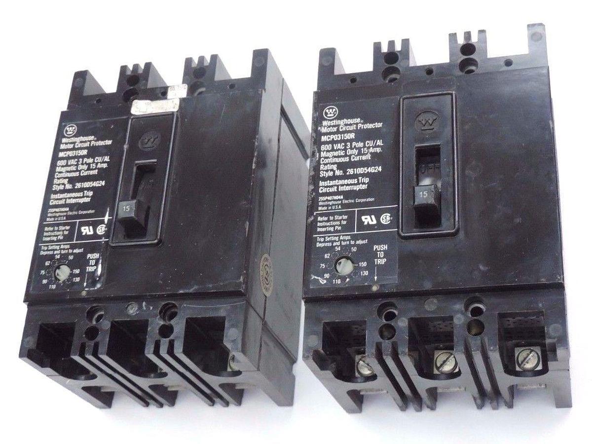 Used LOT OF 2 WESTINGHOUSE MPC03150R CIRCUIT BREAKERS STYLE NO. 2610D54G24, 15 AMP.