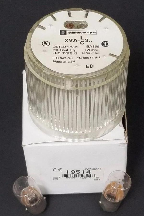 Used TELEMECANIQUE XVAC371 STACK LIGHT COVER 19514 W/ BULBS *MISSING O-RING*