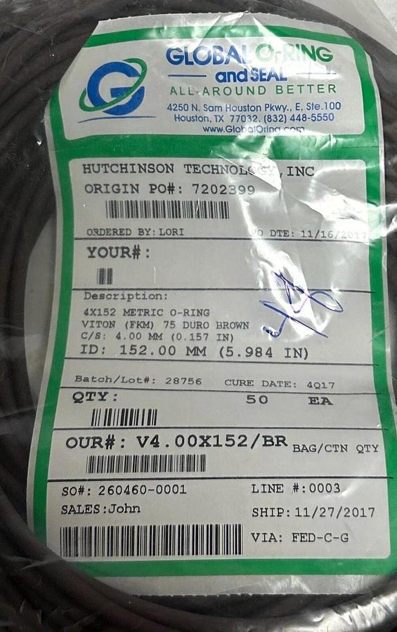 48 GLOBAL O-RING AND SEAL V4.00X152/BR / 4X152 METRIC O-RINGS 152mm 75 DURO NSMP