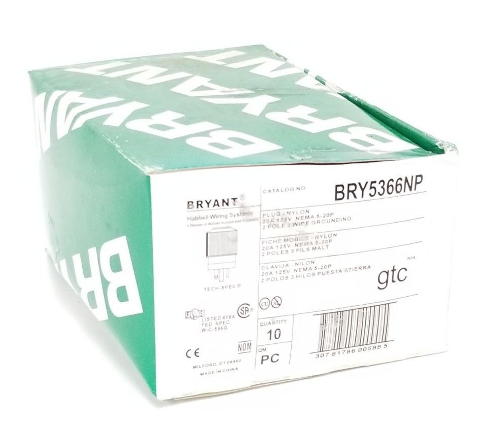 BOX OF 10 NEW BRYANT BRY5366NP NYLON PLUGS 20A, 125V NEMA 5-20P, 2P, 3W, GRD