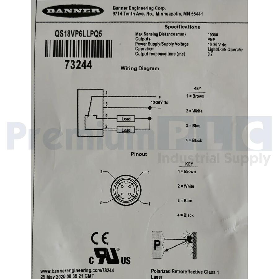 BANNER QS18VP6LLPQ5 QS18 PHOTOELECTRIC SENSOR 10-30VDC P/N 73244 W/ACCS NSMP