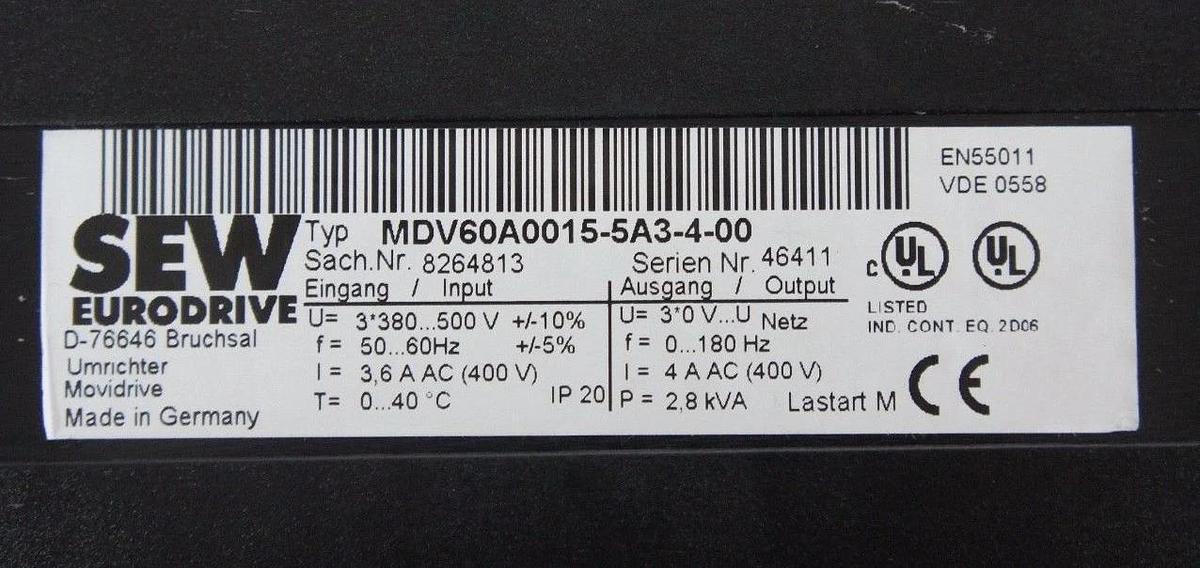 Used SEW EURODRIVE MDV60A0015-5A3-4-00 AC MOVIDRIVE 2HP, 1.5KW, MDV60A00155A3400