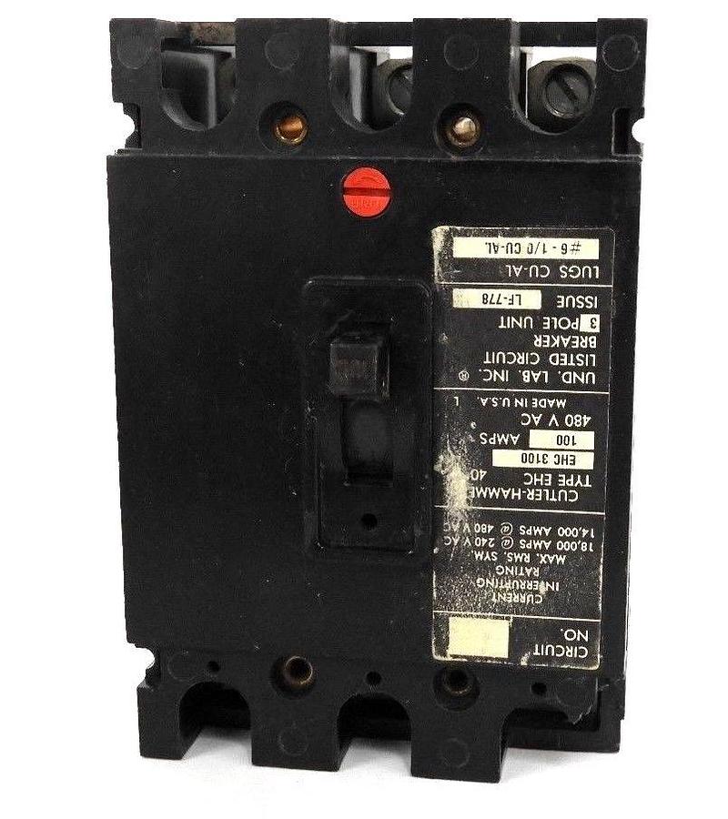 Used CUTLER HAMMER EHC3100 CIRCUIT BREAKER TYPE EHC, 100AMPS, 480V, 3P, LF-778