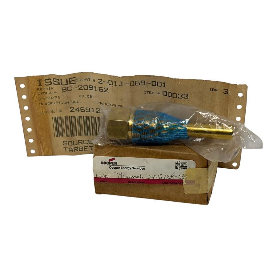Used Cooper Energy Services 2-01J-069-001 Thermometer Well Brass Thermowell OEM