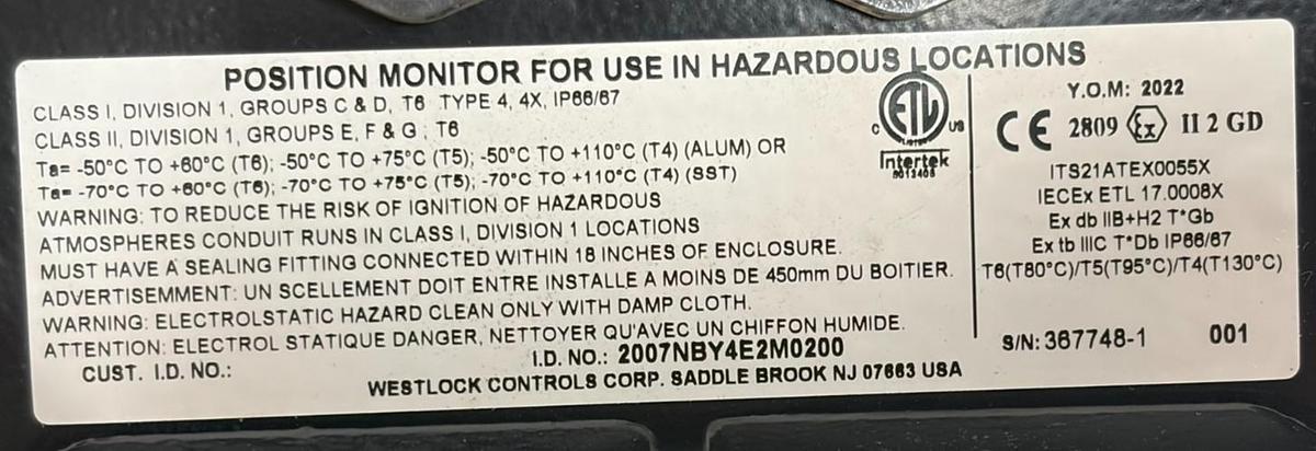 Used Westlock 2007NBY4E2M0200 Accutrak Valve Position Monitor Switch Box New