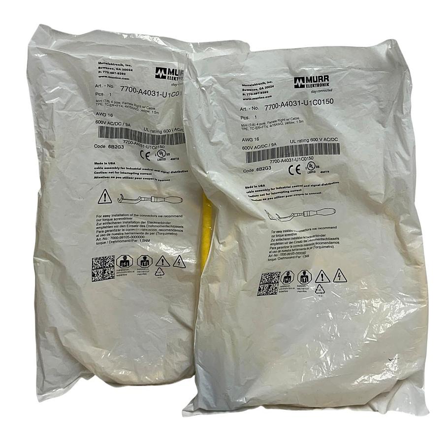 Used 2 MURR ELEKTRONIK 7700-A4031-U1C0150 / 7700A4031U1C0150 MINI (7/8) 4P 1.5M NSFS