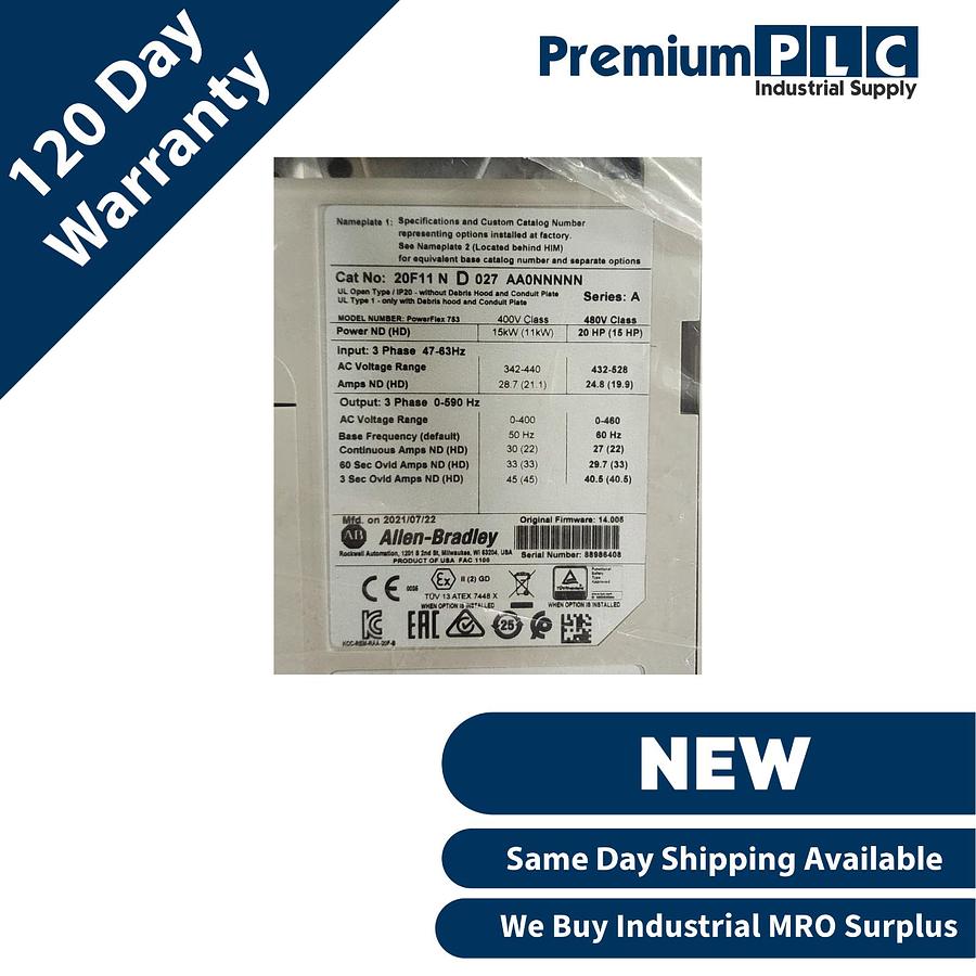 Used NEW ALLEN BRADLEY 20F11ND027AA0NNNNN /A PowerFlex 753 AC DRIVE 20HP FW 14.005