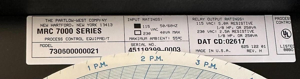 NEW PARTLOW 730600000021 MRC 7000 CHART RECORDER 115VAC 50/60Hz 1-PEN W/ MANUAL