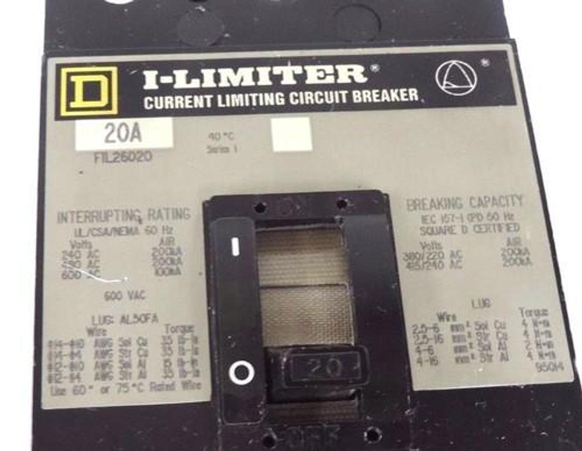 Used SQUARE D FIL26020 I-LIMITER CURRENT LIMITING CIRCUIT BREAKER 20A, 600V