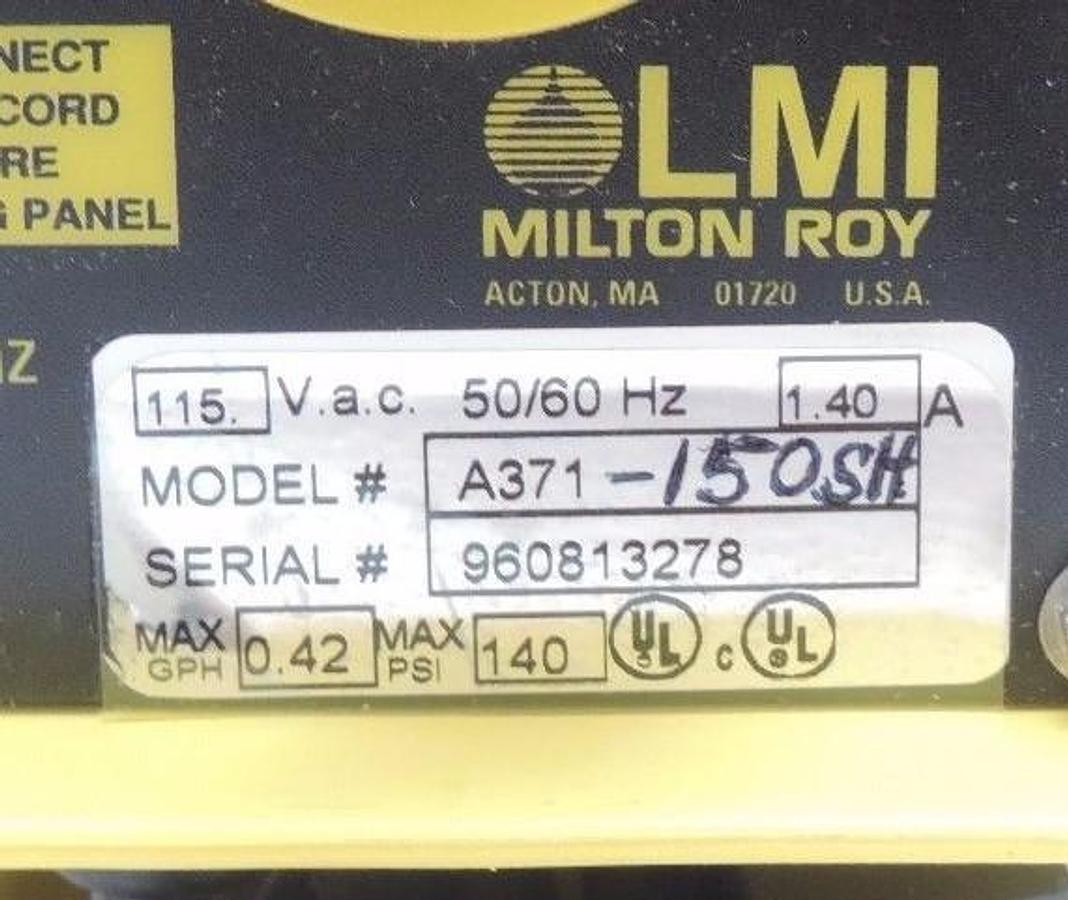 NIB LMI MILTON ROY A371-150SH METERING PUMP 115VAC, 1.40A, 0.42GPH, A371150SH
