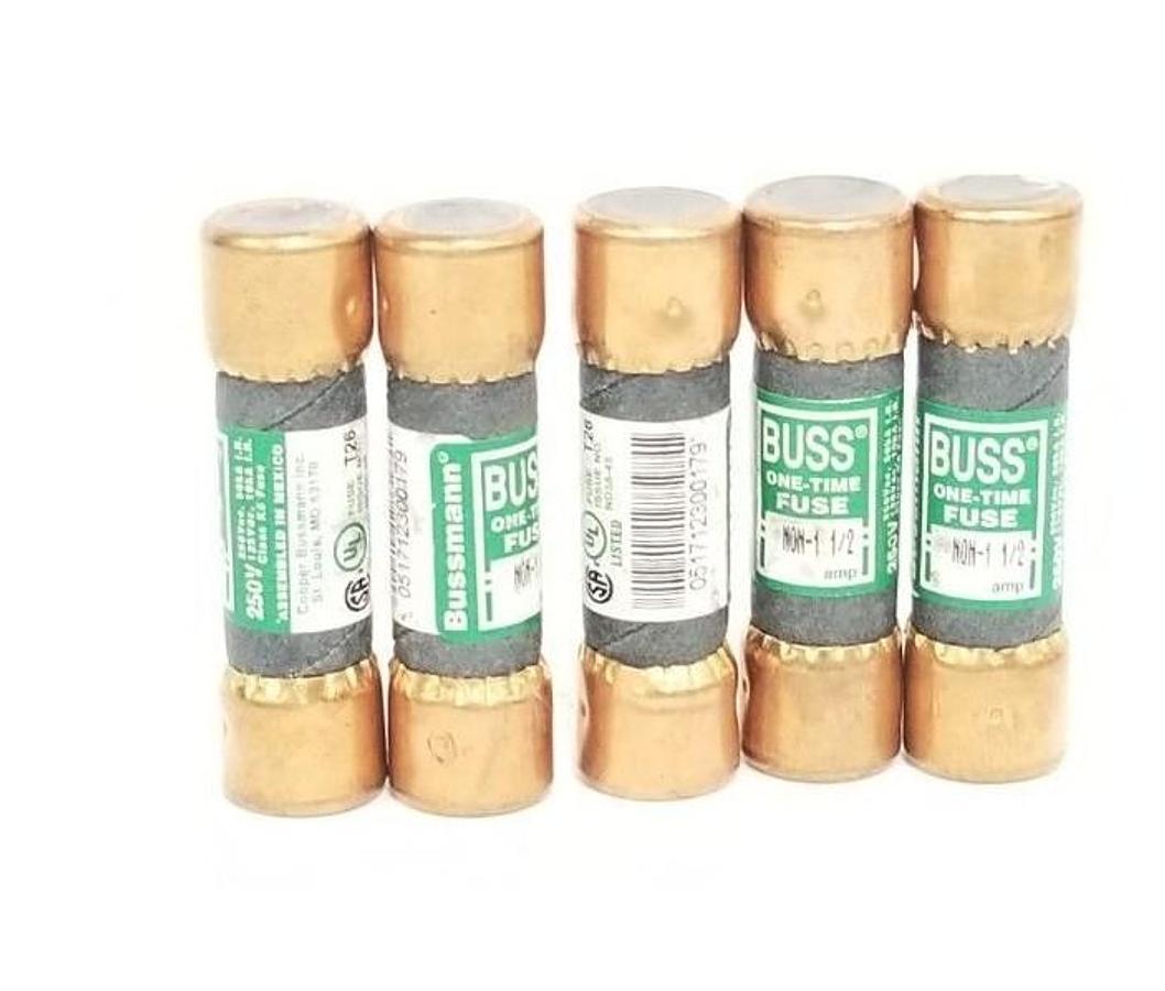 Used LOT OF 5 NEW COOPER BUSSMANN NON-1-1/2 ONE-TIME FUSES NON112, 250V, 1.5AMP