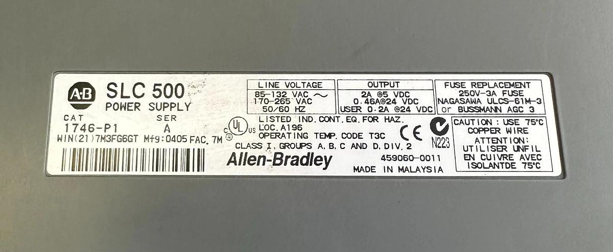 Used ALLEN BRADLEY 1746-P1 /A SLC 500 POWER SUPPLY W/ 1746-A7 /B SLC 7-SLOT RACK