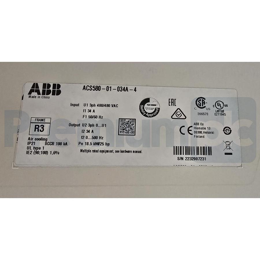 ABB ACS580-01-034A-4 LV AC General Purpose Drive 3AUA0000204814 3Ph 480V 25HP