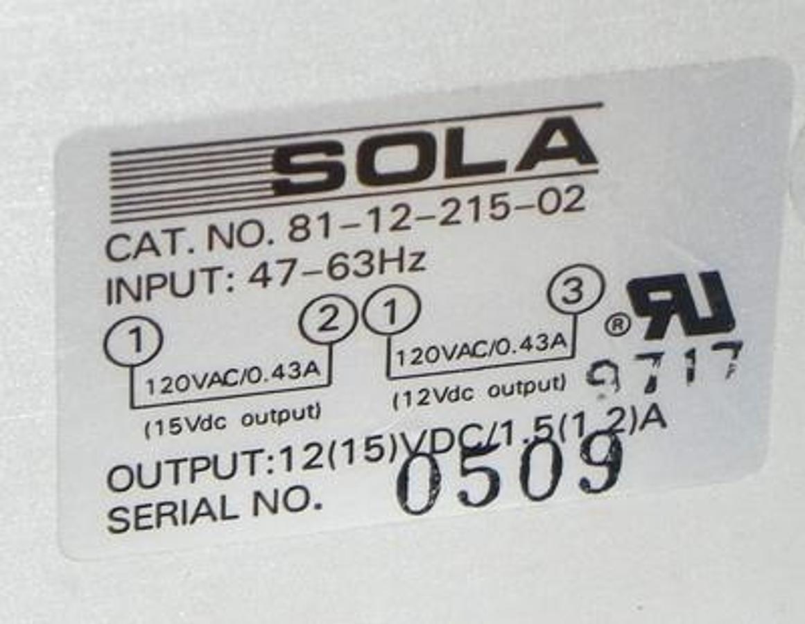 Used SOLA 81-12-215-02 POWER SUPPLY 811221502 INPUT: 47-63HZ W/ F6-11201-O/A PC BOARD