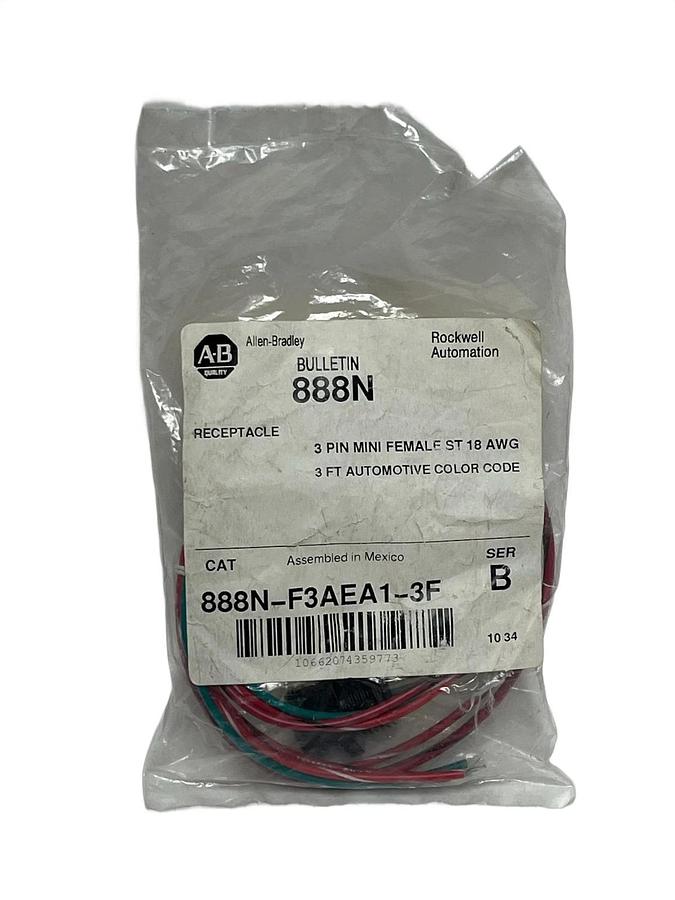Used Lot of 2 Allen-Bradley 888N-F3AEA1-3F Mini Receptacle 3-Pin Female 3ft 18AWG NEW
