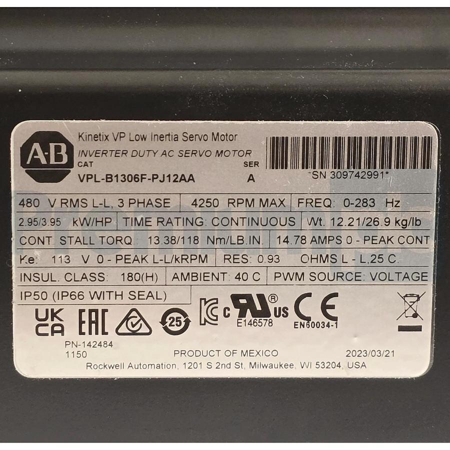 Allen Bradley VPL-B1306F-PJ12AA Kinetix /A VP Low Inertia Servo Motor 480V USNP