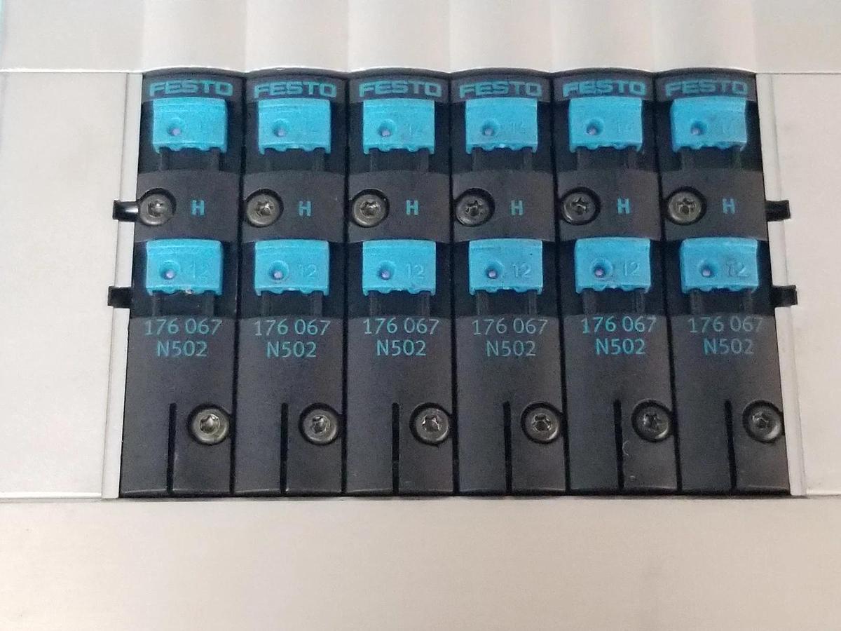 Used FESTO ELECTRIC CPV14-VI-F6-1/8-B BASE W/ (6) 176-067 SOLENOID VALVES N502 18210