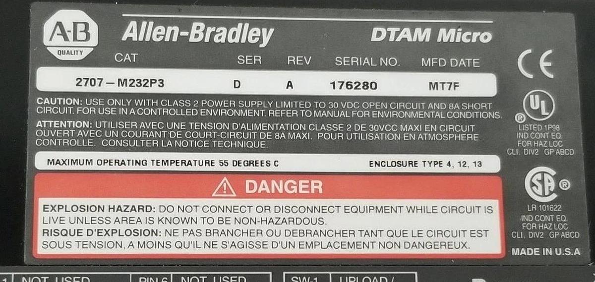 Used ALLEN BRADLEY 2707-M232P3 DTAM MICRO OPERATOR INTERFACE SER. D, REV. A MFG: MT7F