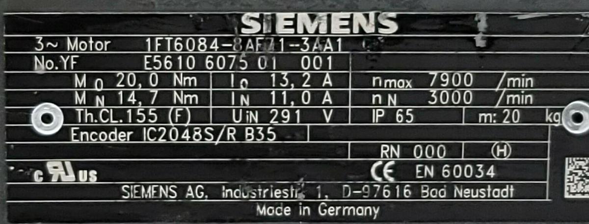 Used SIEMENS 1FT6084-8AF71-3AA1 SERVO MOTOR NO. YF E5610 6075 01 001, 3PHASE 3000 RPM
