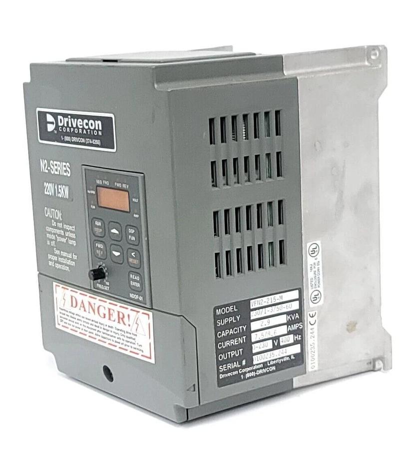 Used DRIVECON VFN2-215-M N2-SERIES DRIVE 1.5kW/2HP 220V VFN2215M W/ KEYPAD NDOP-01
