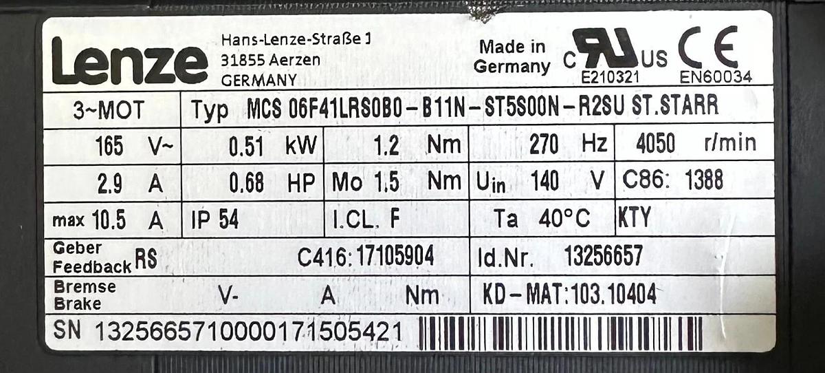 Used LENZE MCS 06F41LRS0B0-B11N-ST5S00N-R2SU SERVO MOTOR .51kW/.68HP 165V 13256657