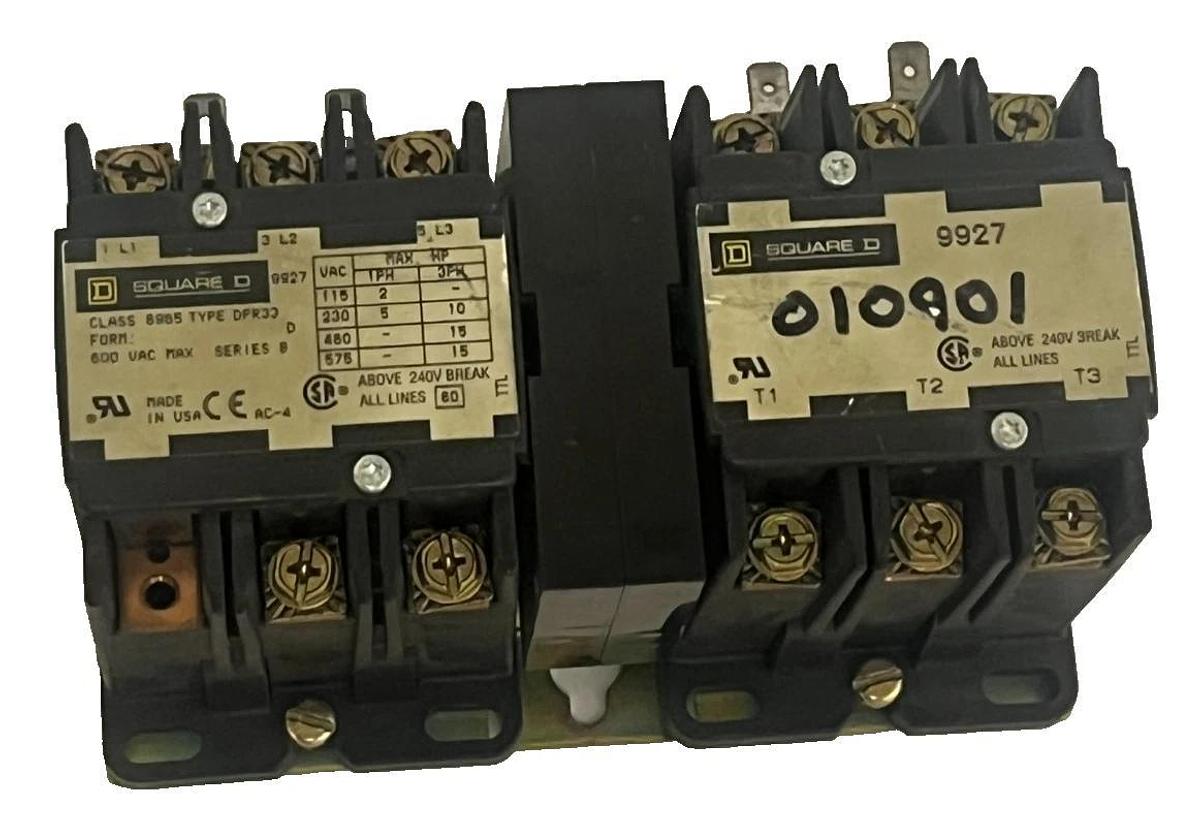 Used SQUARE D 8965DPR33V02 Ser. B Reversing Hoist Contactor 30A 600V NEMA 120V Coil