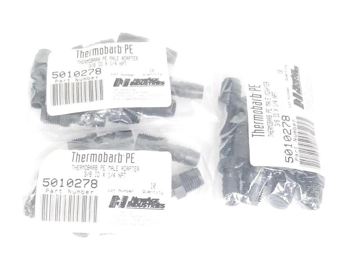 Used LOT OF 30 NEW THERMOBARB PE MALE ADAPTERS 3/8 ID X 1/4 NPT P/N: 5010278