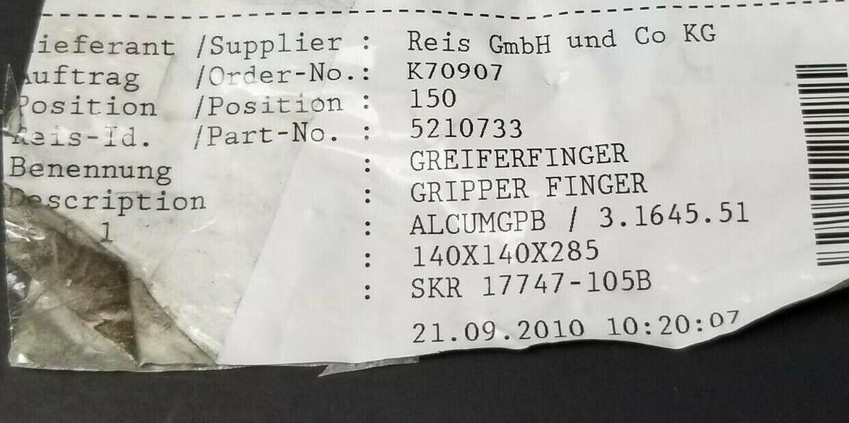 Used NEW REIS GmbH & CO. 5210733 GRIPPER FINGER ALCUMPB / 3.1645.51 140X140X285