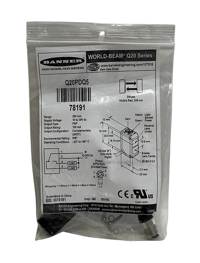 Used BANNER Q20PDQ5 / 78191 WORLD-BEAM Q20 SERIES PHOTOELECTRIC SENSOR 10-30VDC NSMP
