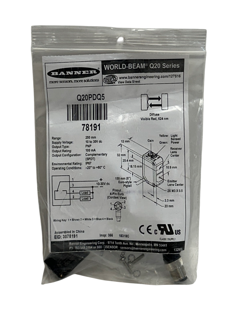 Used BANNER Q20PDQ5 / 78191 WORLD-BEAM Q20 SERIES PHOTOELECTRIC SENSOR 10-30VDC NSMP