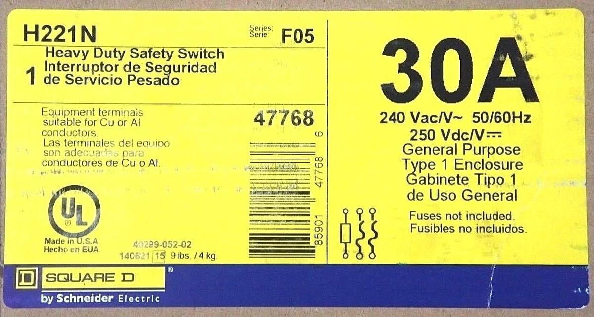 Used FACTORY SEALED SQUARE D H221N HEAVY DUTY SAFETY SWITCH SER F05, 30A