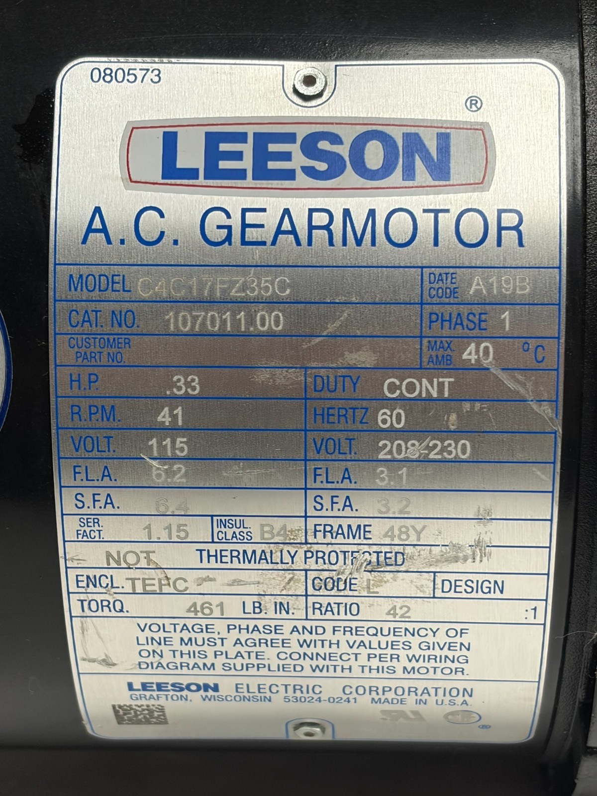 Used Leeson 107011.00 AC Gearmotor 1/3 HP 41 RPM 115/208-230V New Surplus 42:1