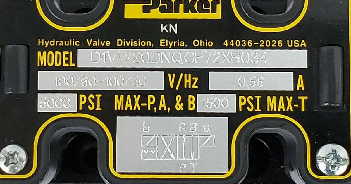 Used NIB PARKER D1VW20DNQCF72XB034 SOLENOID VALVE 5000PSI, 0.56 AMPS