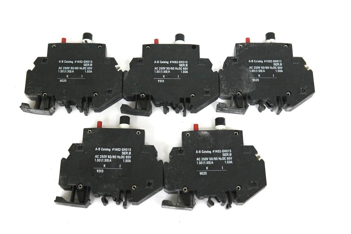 Used LOT OF 5 ALLEN BRADLEY 1492-GH015 MINI CIRCUIT BREAKERS SER B, 1.5AMP, 1492GH015