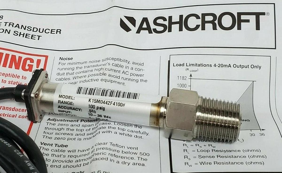 NIB ASHCROFT K1-5-M04-42-F4 TRANSDUCER 100PSIG 4-20mA 1/2" NPTM 6FT K15M0442F4#