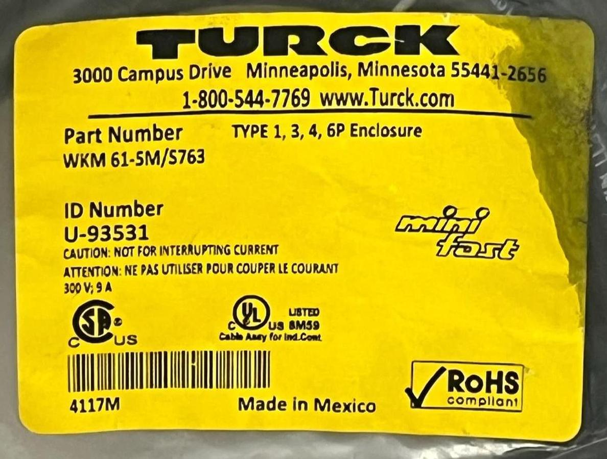 Used Turck WKM 61-5M/S763 Minifast 6-Pin Right-Angle Female Cordset 5m ,  NSFS