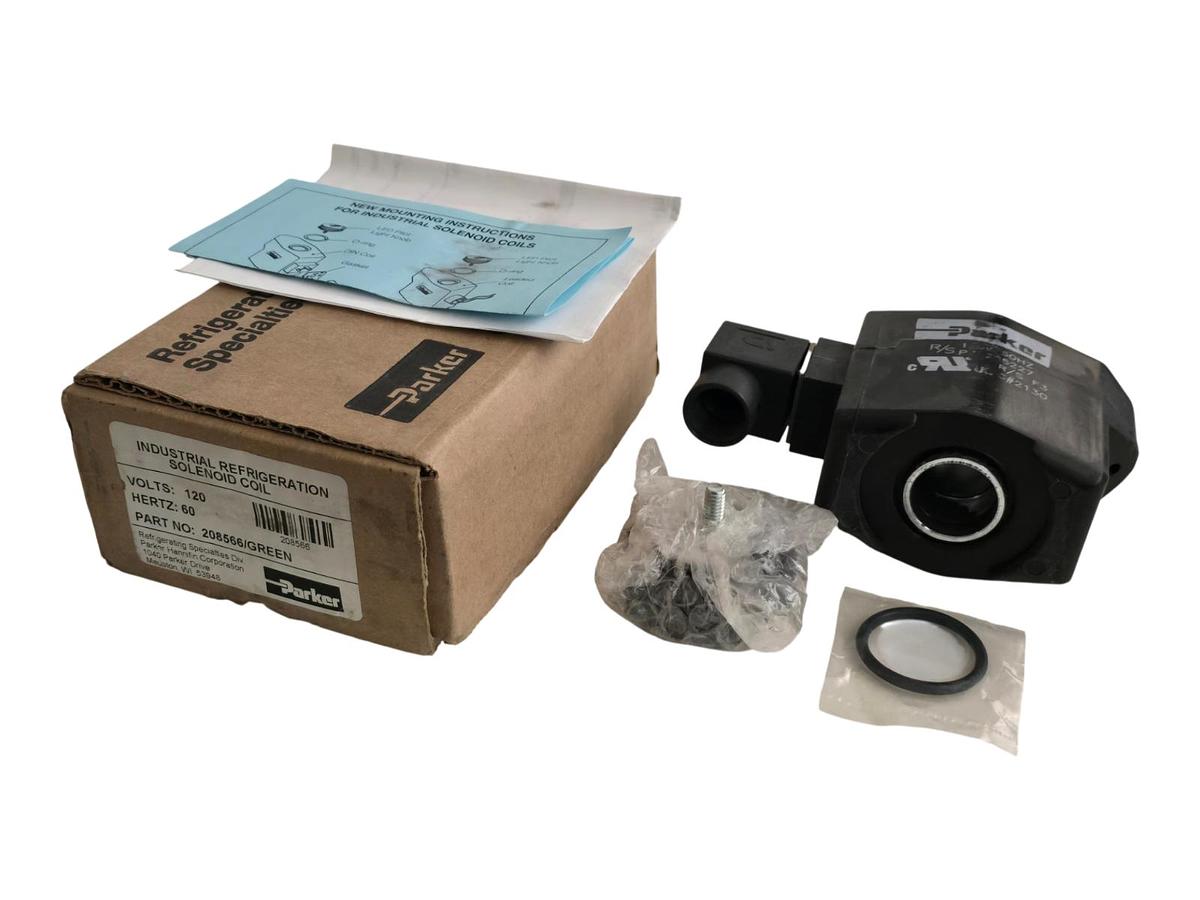 Used Parker 208566 Refrigeration Solenoid Coil 120V 60Hz Green LED DIN Connector NSMP
