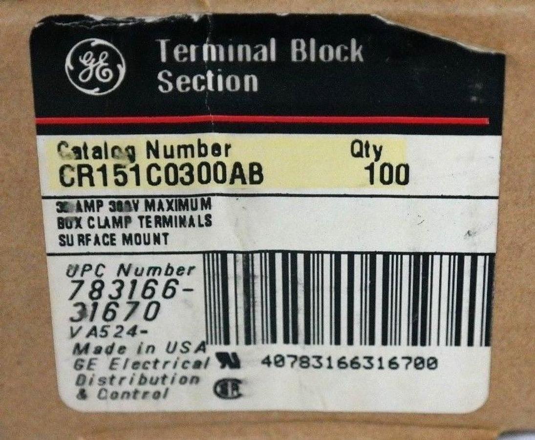 BOX OF 100 NEW GENERAL ELECTRIC CR151C0300AB TERMINAL BLOCKS 30A, 300V