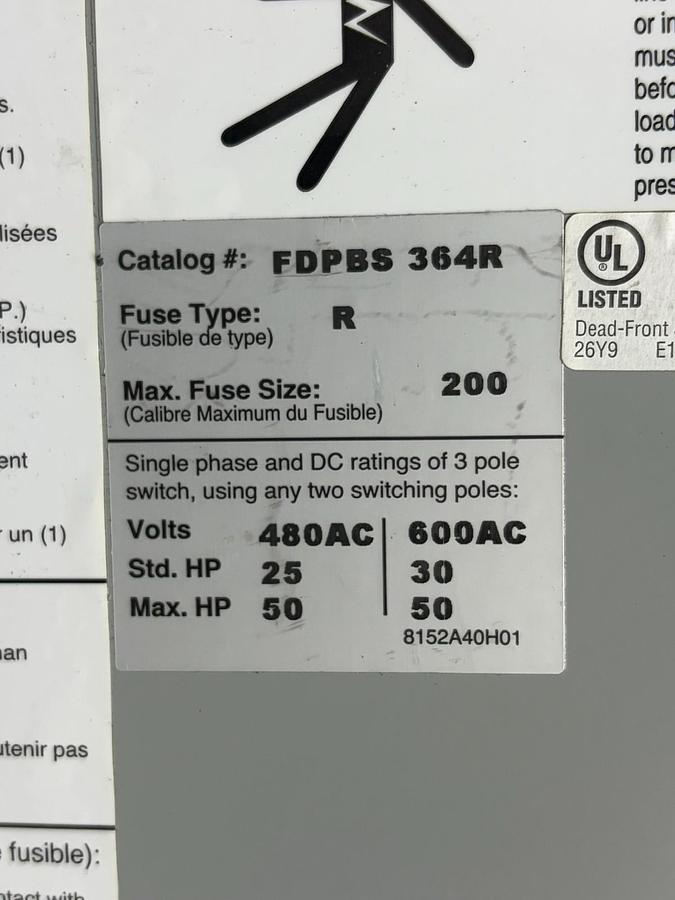 Used Eaton FDPBS364R 3 Pole 200A 600VAC Type FDPB Fusible Panelboard Switch